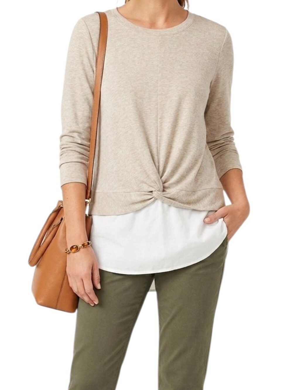 J. Jill Beige Knit Twist-Front Sweatshirt with White Layered Hem Sz XL Soft